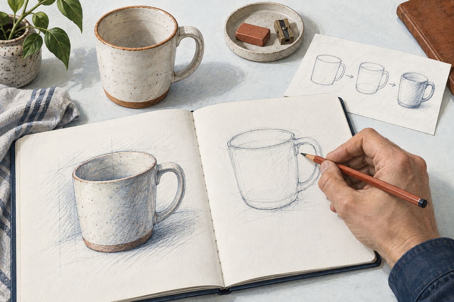 An illustrated practice journal with a pencil, a mug, and three observation sheets